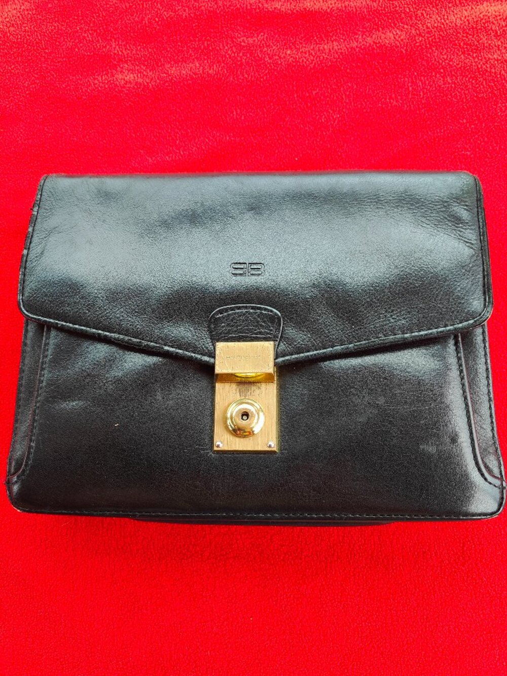 RARE Vintage Balenciaga Paris Black Leather Clutch — Gold Turn-Lock Hardware